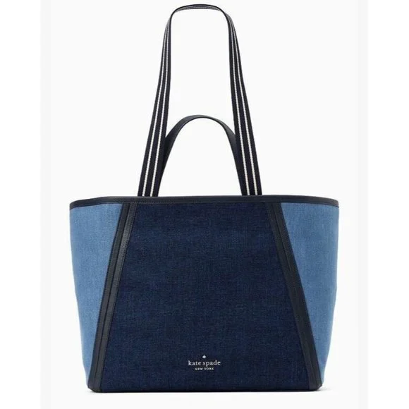 Kate Spade Large Tote Denim Leather Blue Bag NWT New - Picture 2 of 8